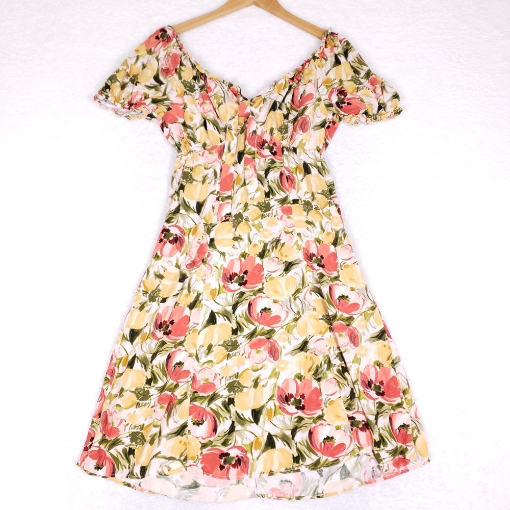Luxology Off Shoulder Puff Sleeve Floral Midi Dress Small Boho Cottagecore